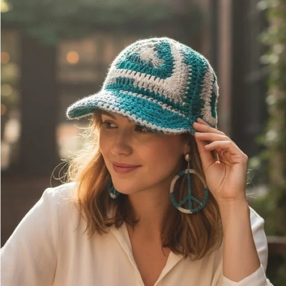 Baseball Hat w/crochet upcycled top Teal, white & gray Eagles Colors & earrings - Picture 2 of 5